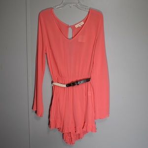 Ruffled Belted Coral Long Sleeve Romper L